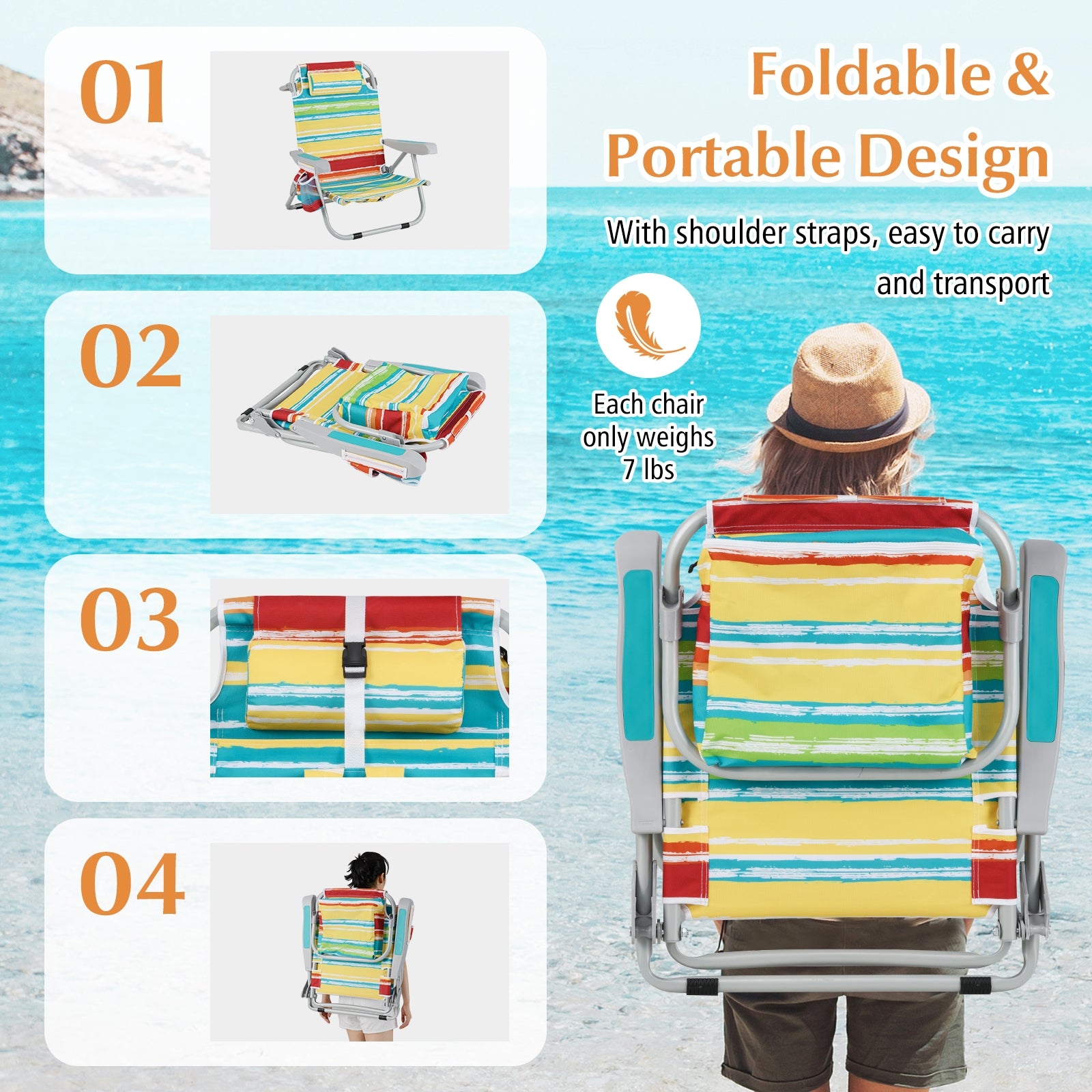 1 Piece Foldable Backpack Beach Chair with Cup Holder and Storage Pockets for Outdoor, Multicolor Beach & Lawn Chairs at Gallery Canada