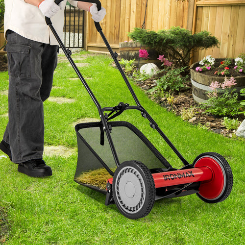 16 Inch Push Lawn Mower with 5 Steel Blades and Grass Catcher Bag, Red