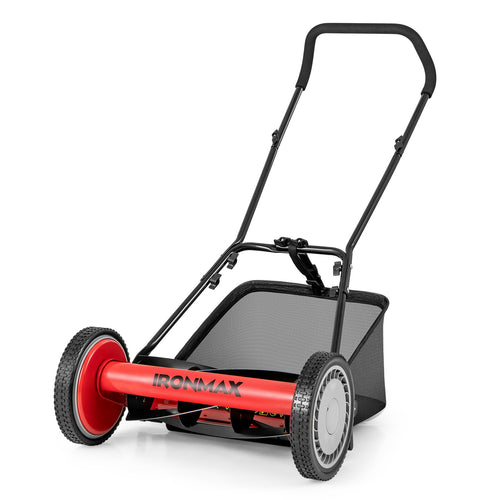 16 Inch Push Lawn Mower with 5 Steel Blades and Grass Catcher Bag, Red