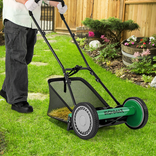 16 Inch Push Lawn Mower with 5 Steel Blades and Grass Catcher Bag, Green