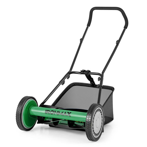 16 Inch Push Lawn Mower with 5 Steel Blades and Grass Catcher Bag, Green
