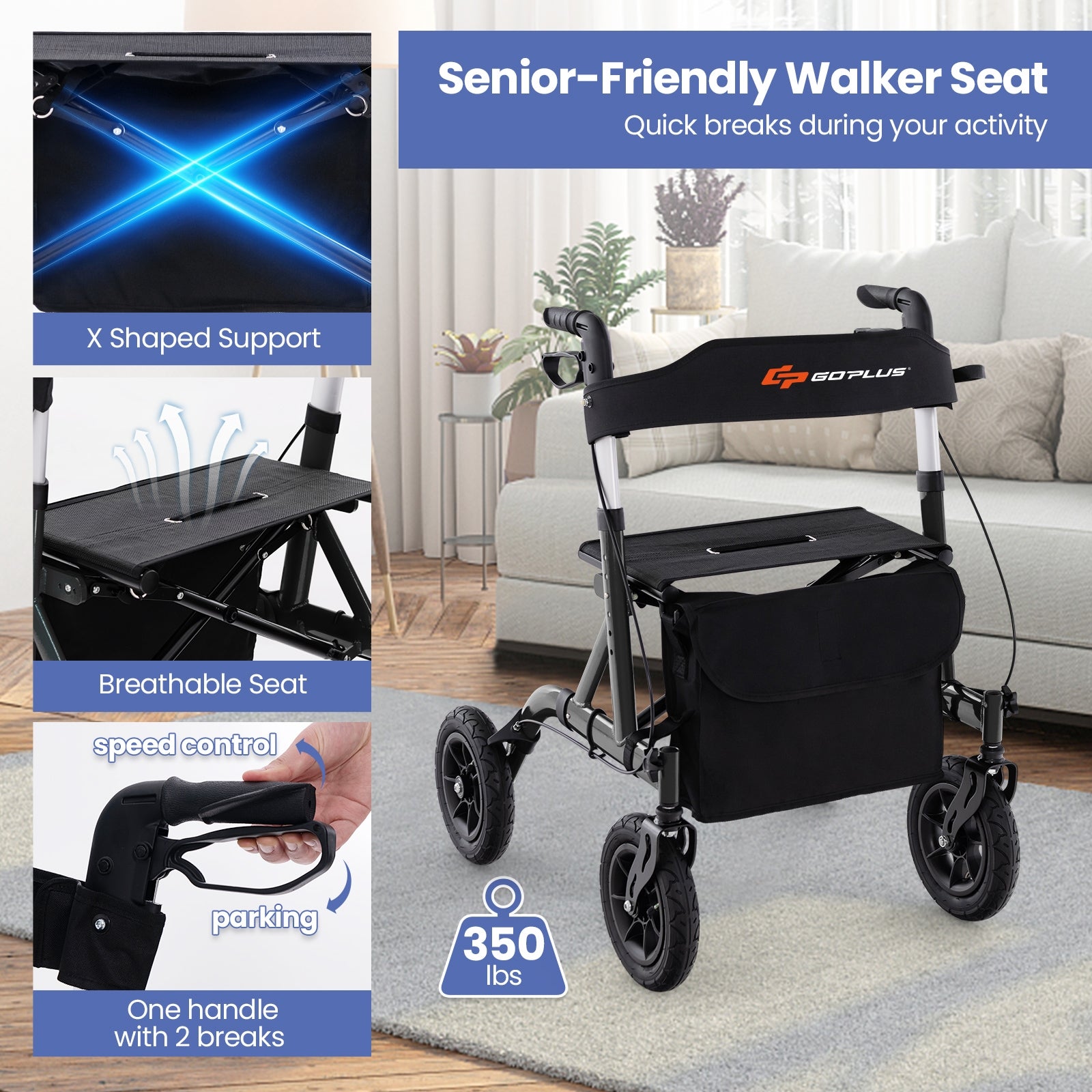 Height Adjustable Rollator Walker Foldable Rolling Walker with Seat for Seniors, Black Walkers & Rollators   at Gallery Canada