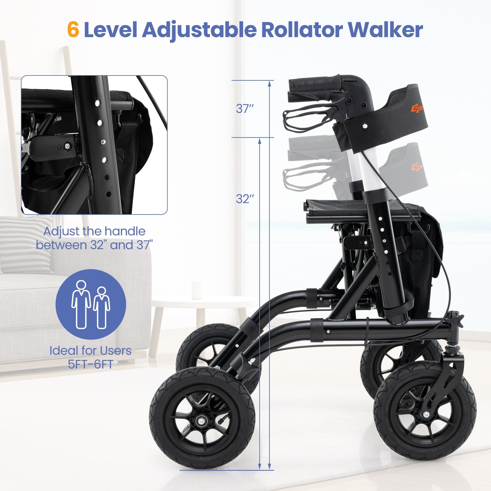 Height Adjustable Rollator Walker Foldable Rolling Walker with Seat for Seniors, Black Walkers & Rollators   at Gallery Canada