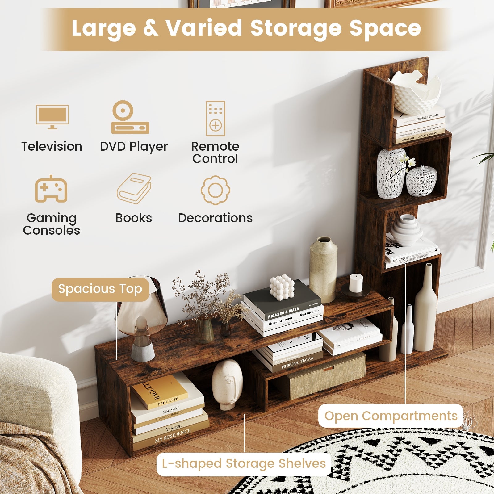 Cube TV Stand for TVs up to 50 Inch Media Console Table with Storage Shelves, Rustic Brown Entertainment Centers & TV Stands at Gallery Canada
