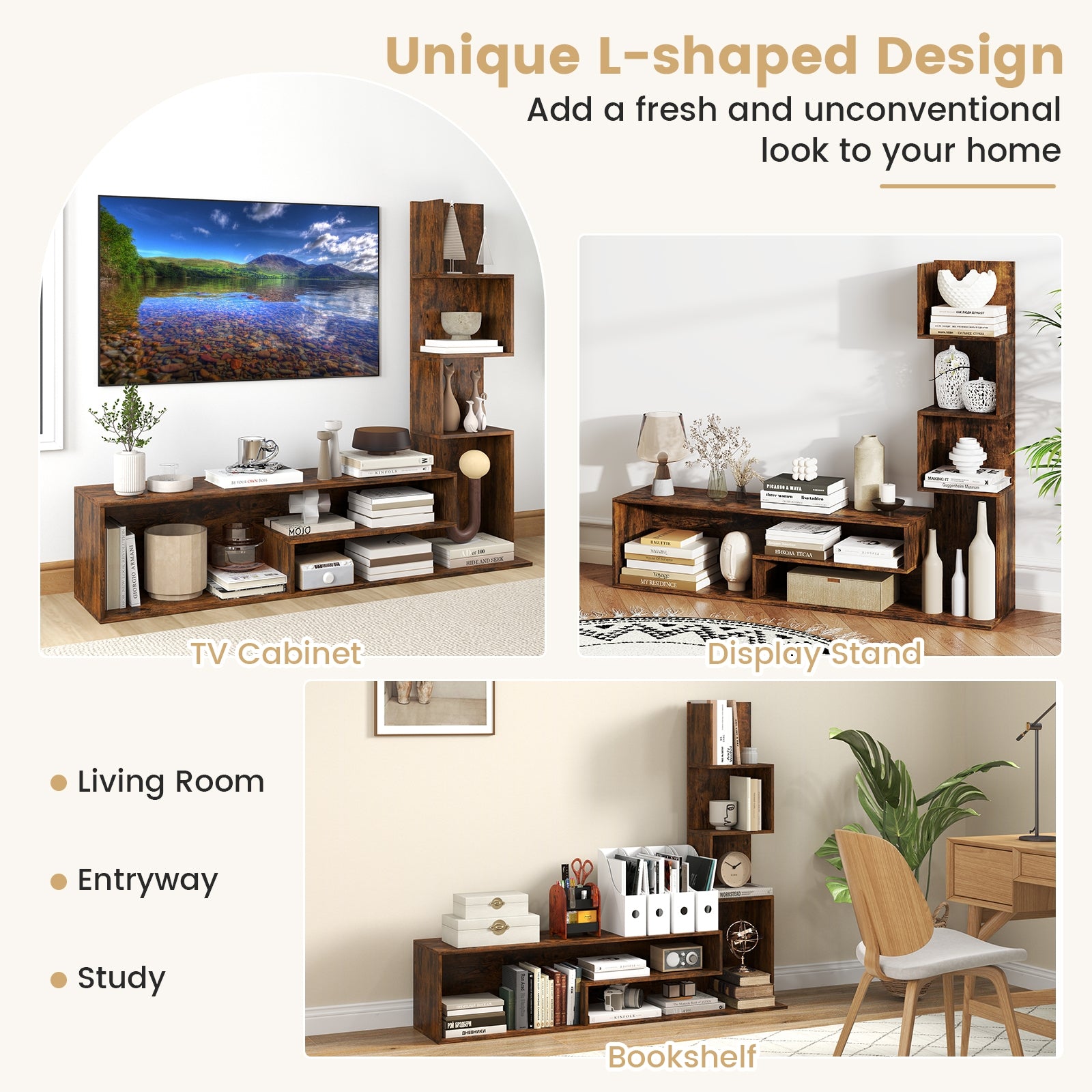 Cube TV Stand for TVs up to 50 Inch Media Console Table with Storage Shelves, Rustic Brown Entertainment Centers & TV Stands at Gallery Canada