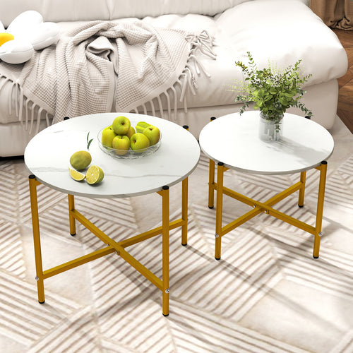 Round Coffee Table Set of 2 with Heavy-Duty Metal Frame, White