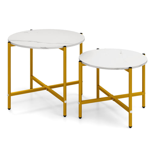 Round Coffee Table Set of 2 with Heavy-Duty Metal Frame, White