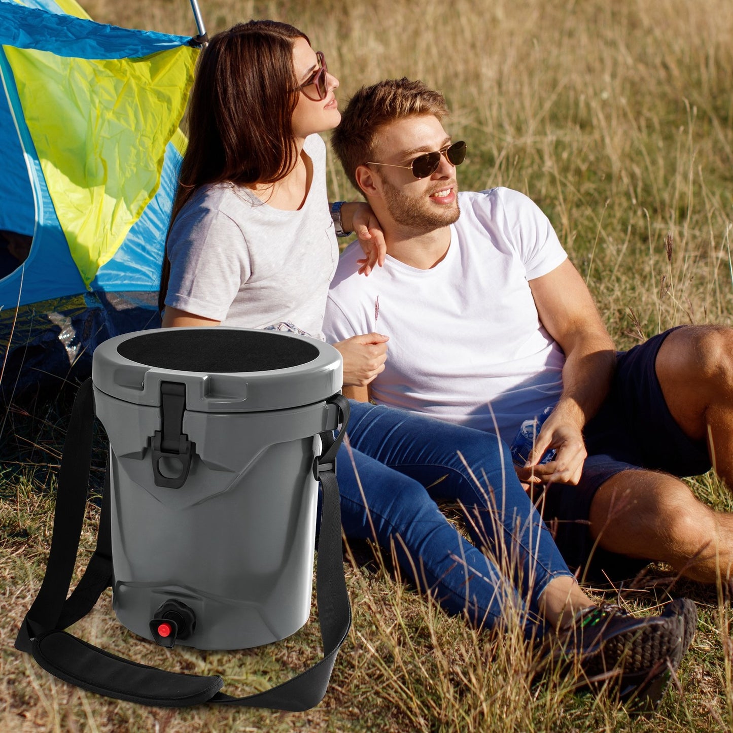 10 QT Drink Cooler Insulated Ice Chest with Spigot Flat Seat Lid and Adjustable Strap, Gray Coolers   at Gallery Canada