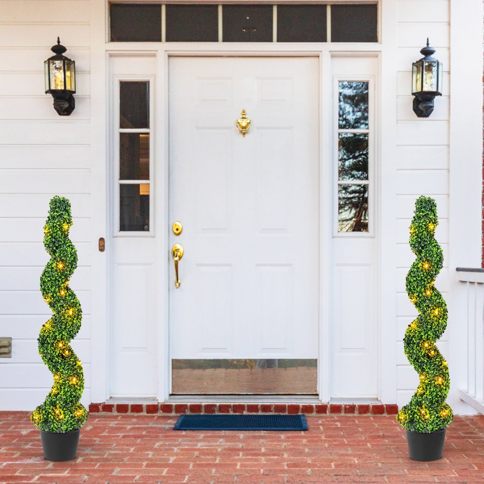 Pre-Lit Artificial Boxwood Spiral Topiary Tree Set of 2 with 100 LED Lights Faux Plants   at Gallery Canada