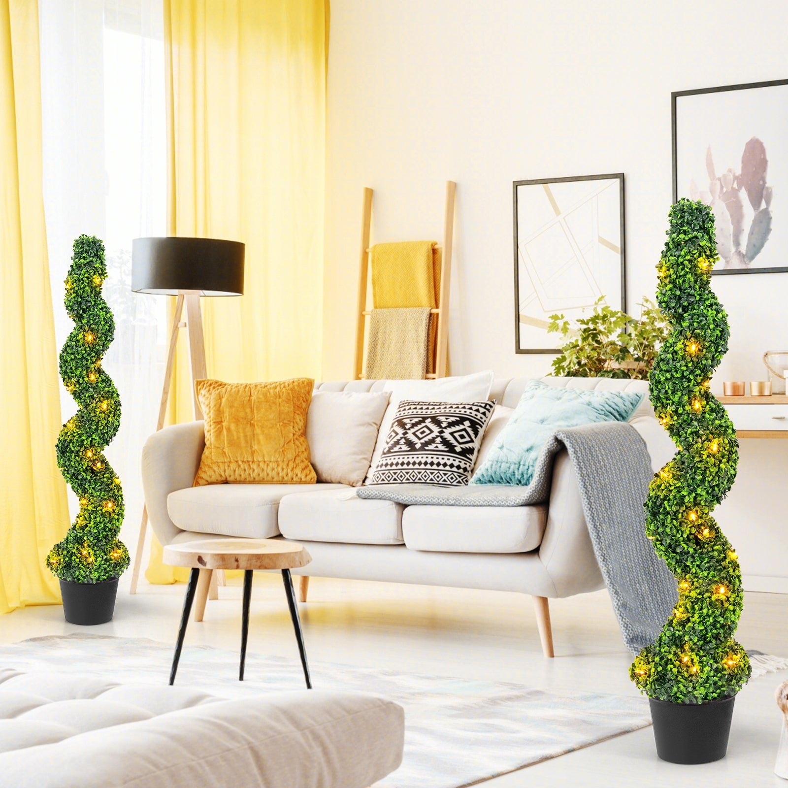 Pre-Lit Artificial Boxwood Spiral Topiary Tree Set of 2 with 100 LED Lights Faux Plants   at Gallery Canada