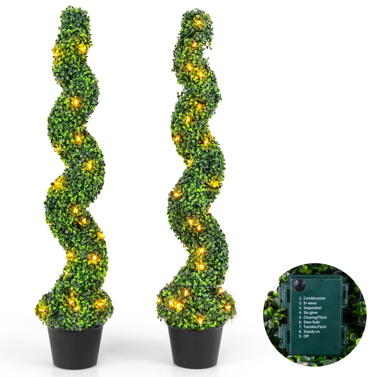 Pre-Lit Artificial Boxwood Spiral Topiary Tree Set of 2 with 100 LED Lights Faux Plants Options  at Gallery Canada