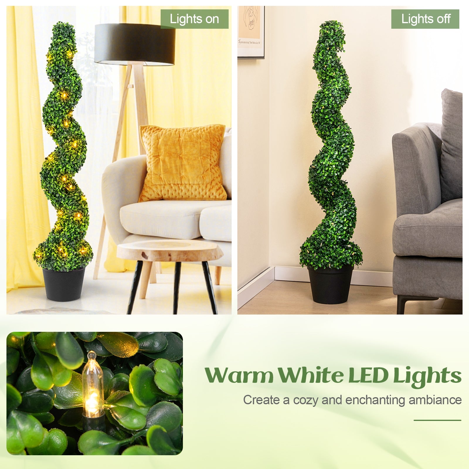 Pre-Lit Artificial Boxwood Spiral Topiary Tree Set of 2 with 100 LED Lights Faux Plants   at Gallery Canada