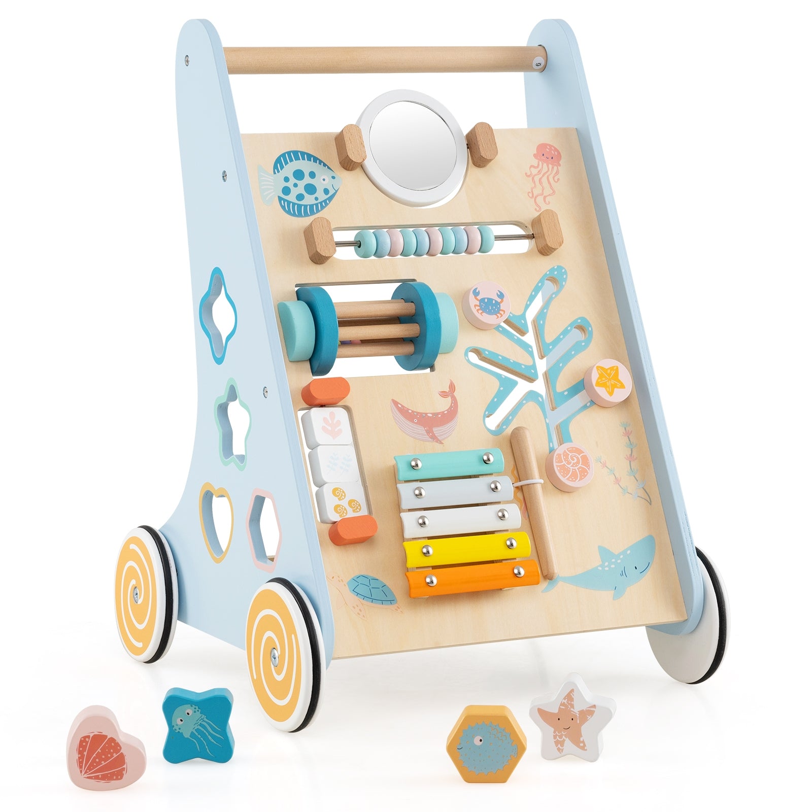 Wooden Baby Walker Push and Pull Learning Activity Center with Wheels, Blue Baby Activity Blue at Gallery Canada