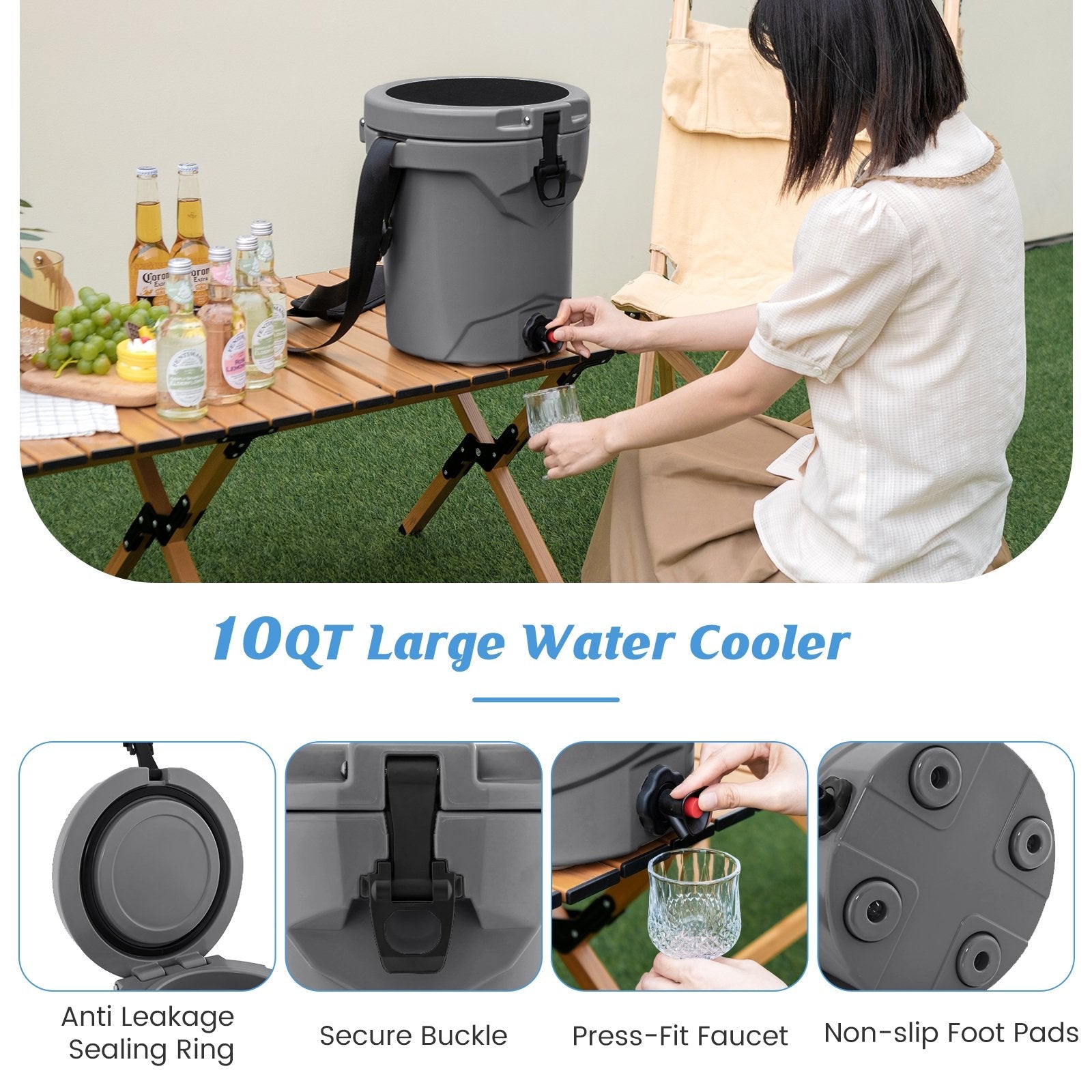 10 QT Drink Cooler Insulated Ice Chest with Spigot Flat Seat Lid and Adjustable Strap, Gray Coolers   at Gallery Canada