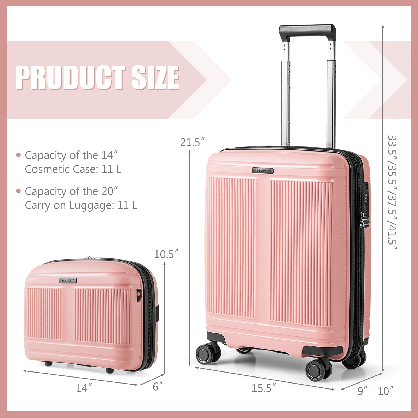 2-Piece Luggage Set 20 Inch Carry-on Suitcase and 14 Inch Cosmetic Case, Pink Camping   at Gallery Canada