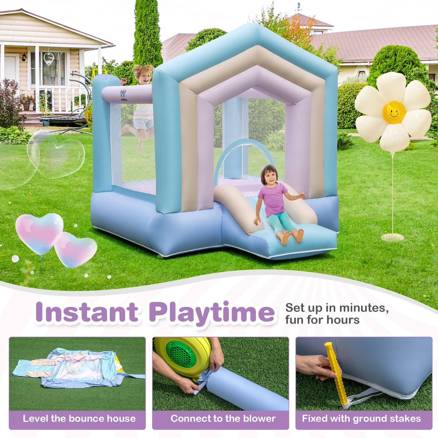 Kids Bounce House with Slide and Basketball Rim Bouncy Castle for Party without Blower, Multicolor Bounce House   at Gallery Canada