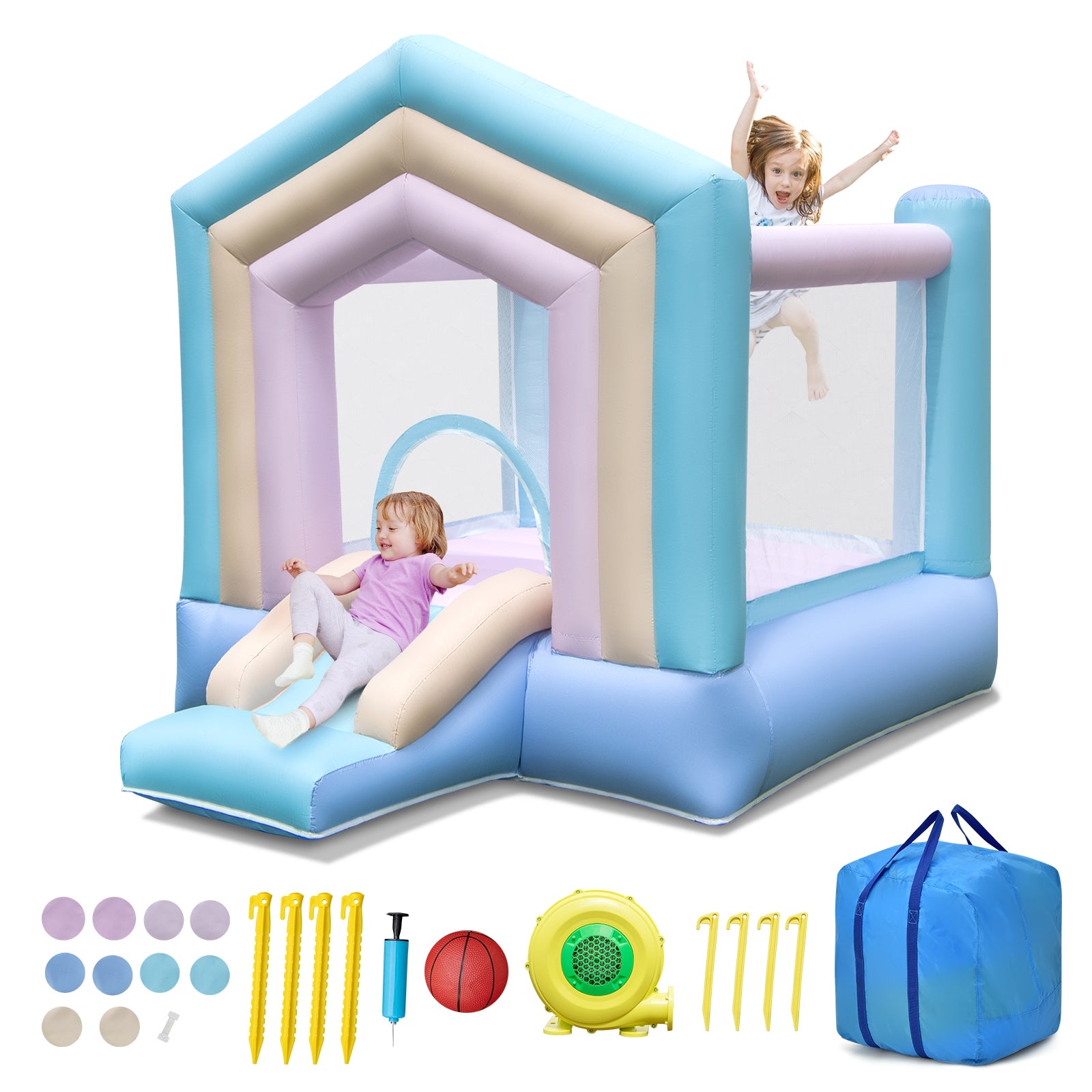 Kids Bounce House with Slide and Basketball Rim Bouncy Castle for Party with 480W Blower, Multicolor Bounce House   at Gallery Canada