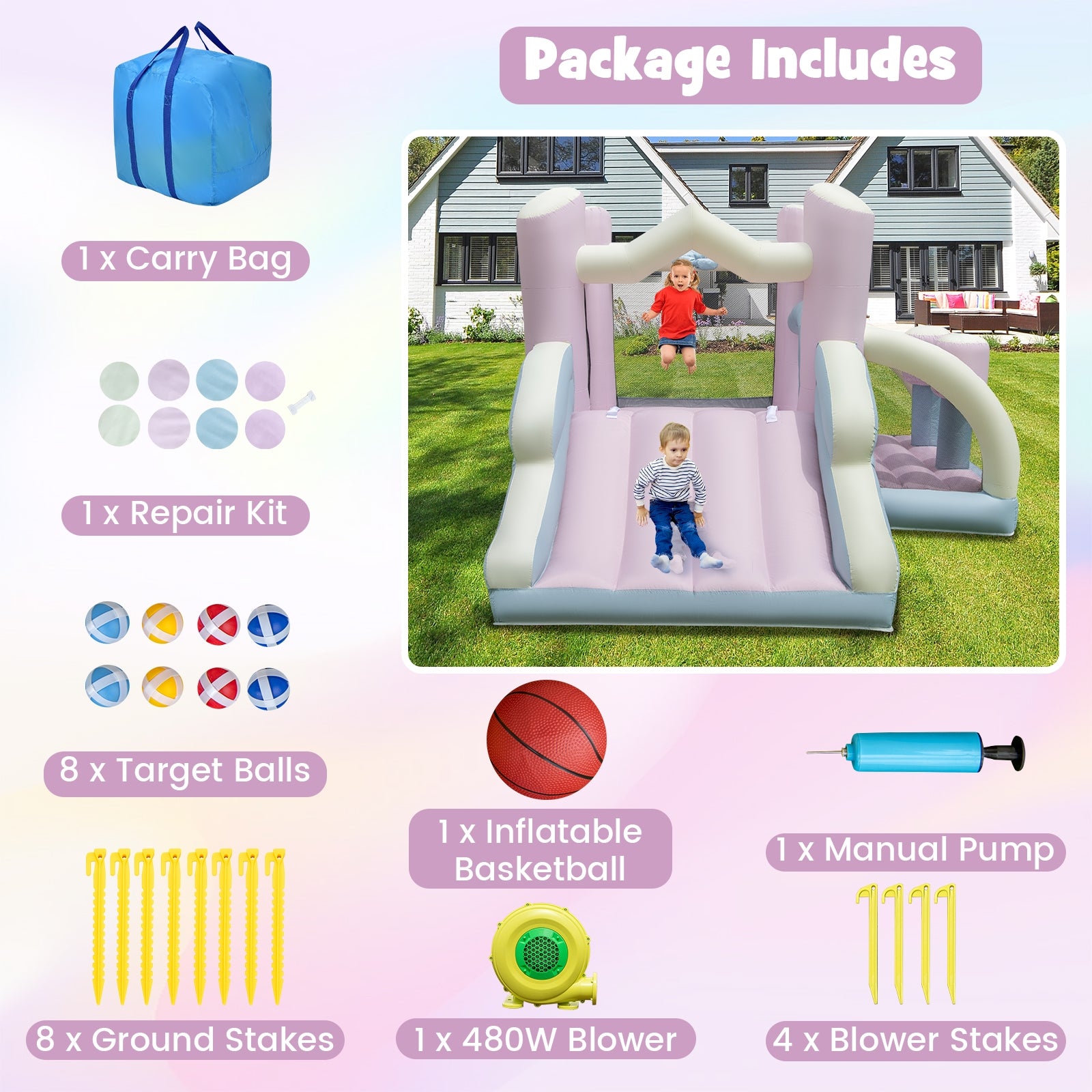 Kids Bounce House with Slide and 2 Boxing Columns Bouncy Castle for Party with 480W Blower, Multicolor Bounce House   at Gallery Canada