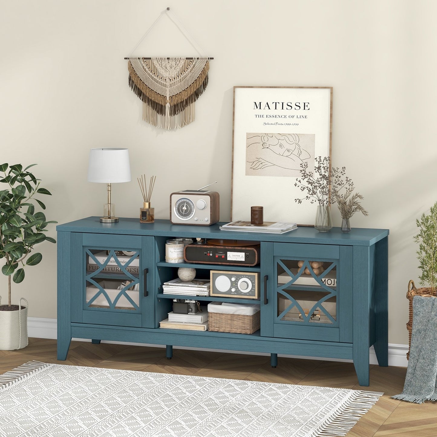 Farmhouse TV Stand for TVs Up to 65 Inches 4 Adjustable Shelves-Teal Blue, Blue Entertainment Centers & TV Stands   at Gallery Canada