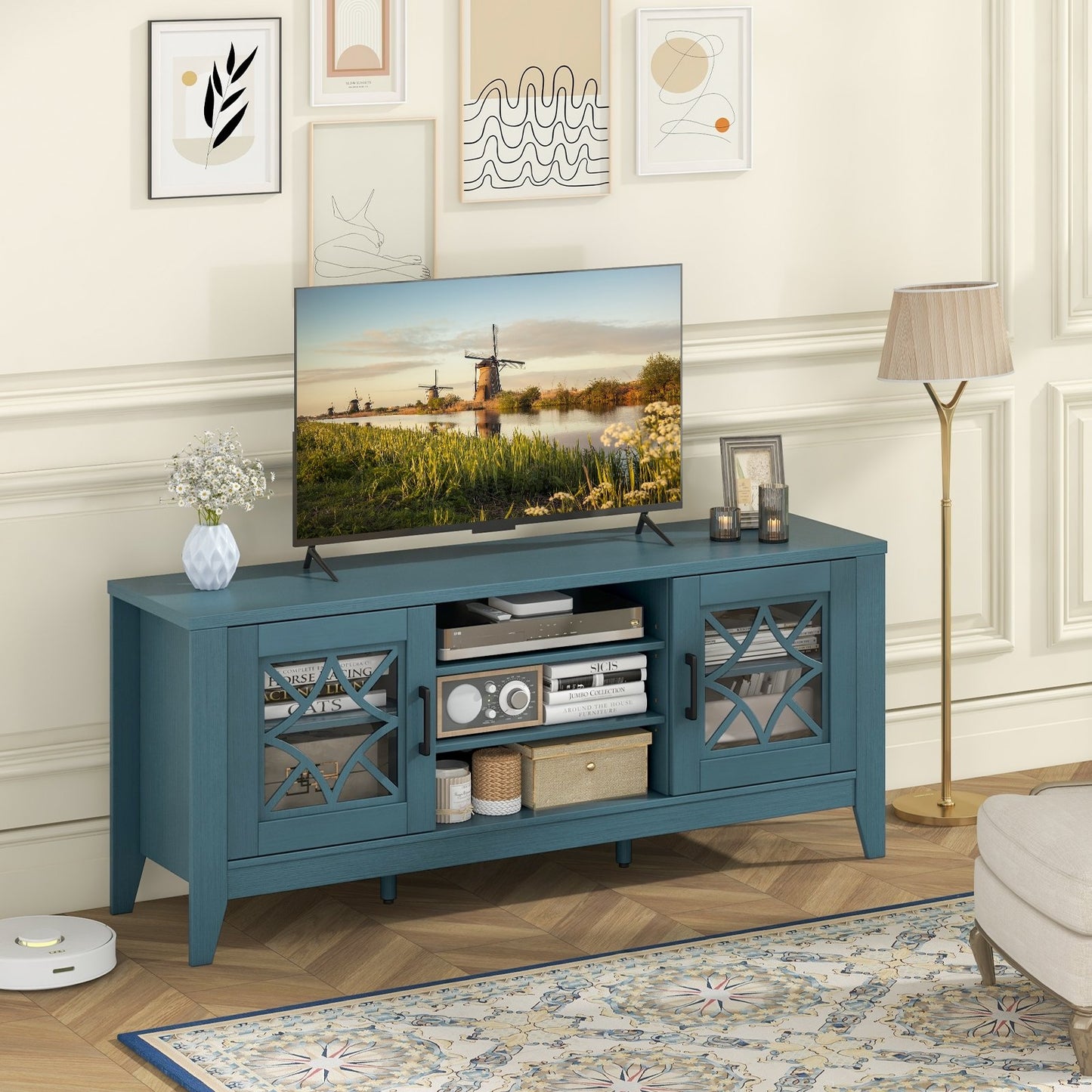 Farmhouse TV Stand for TVs Up to 65 Inches 4 Adjustable Shelves-Teal Blue, Blue Entertainment Centers & TV Stands   at Gallery Canada