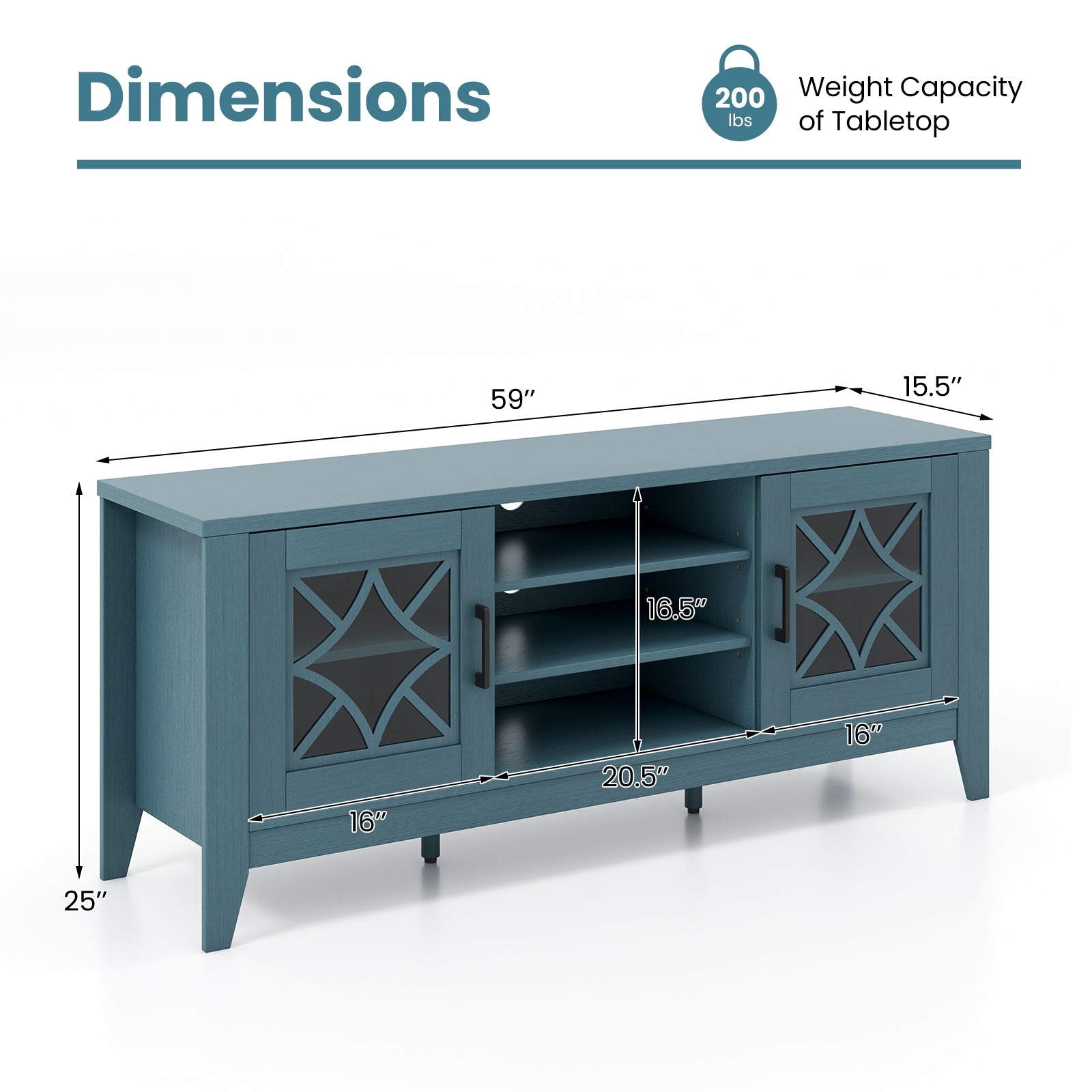 Farmhouse TV Stand for TVs Up to 65 Inches 4 Adjustable Shelves-Teal Blue, Blue Entertainment Centers & TV Stands   at Gallery Canada