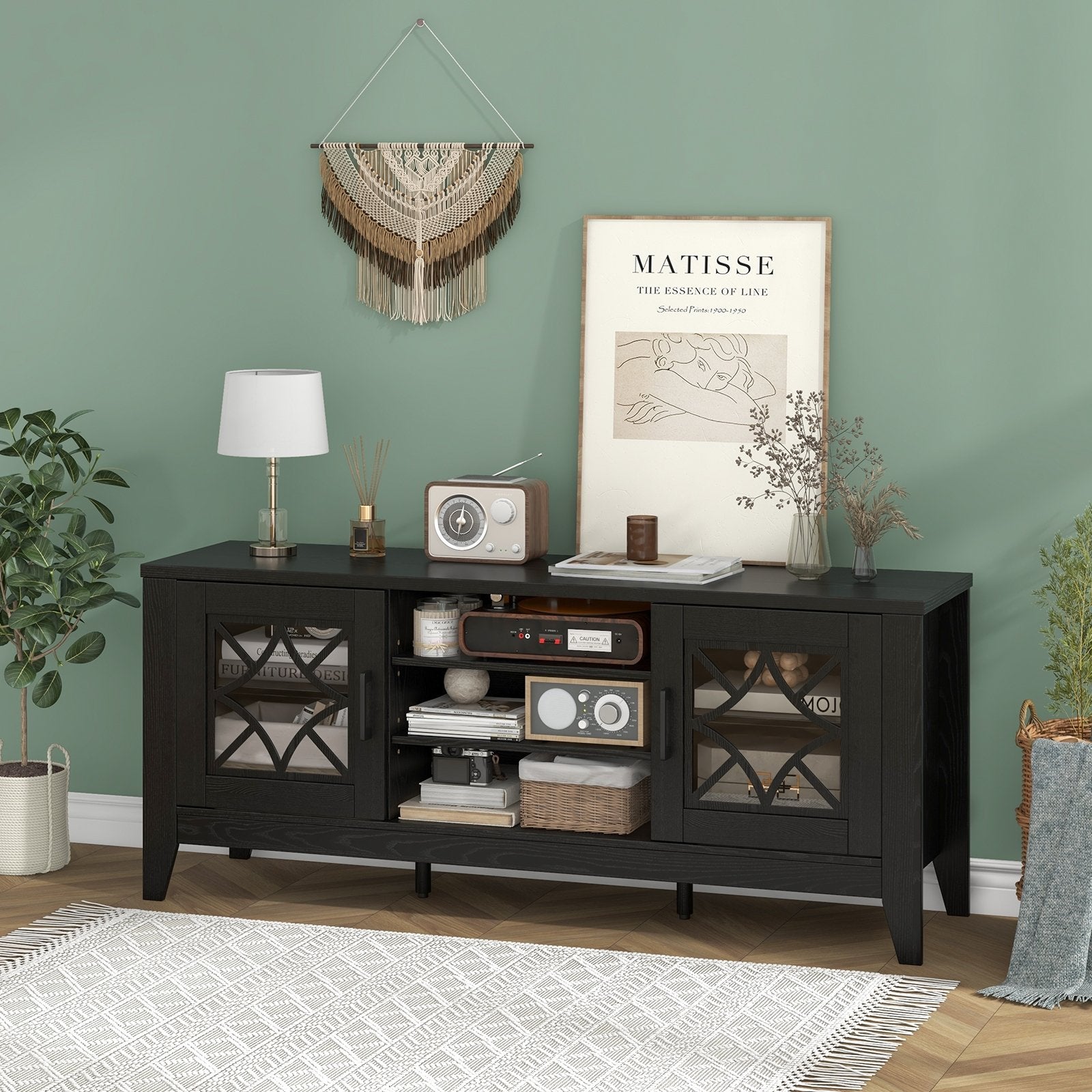 Farmhouse TV Stand for TVs Up to 65 Inches 4 Adjustable Shelves, Black Entertainment Centers & TV Stands   at Gallery Canada