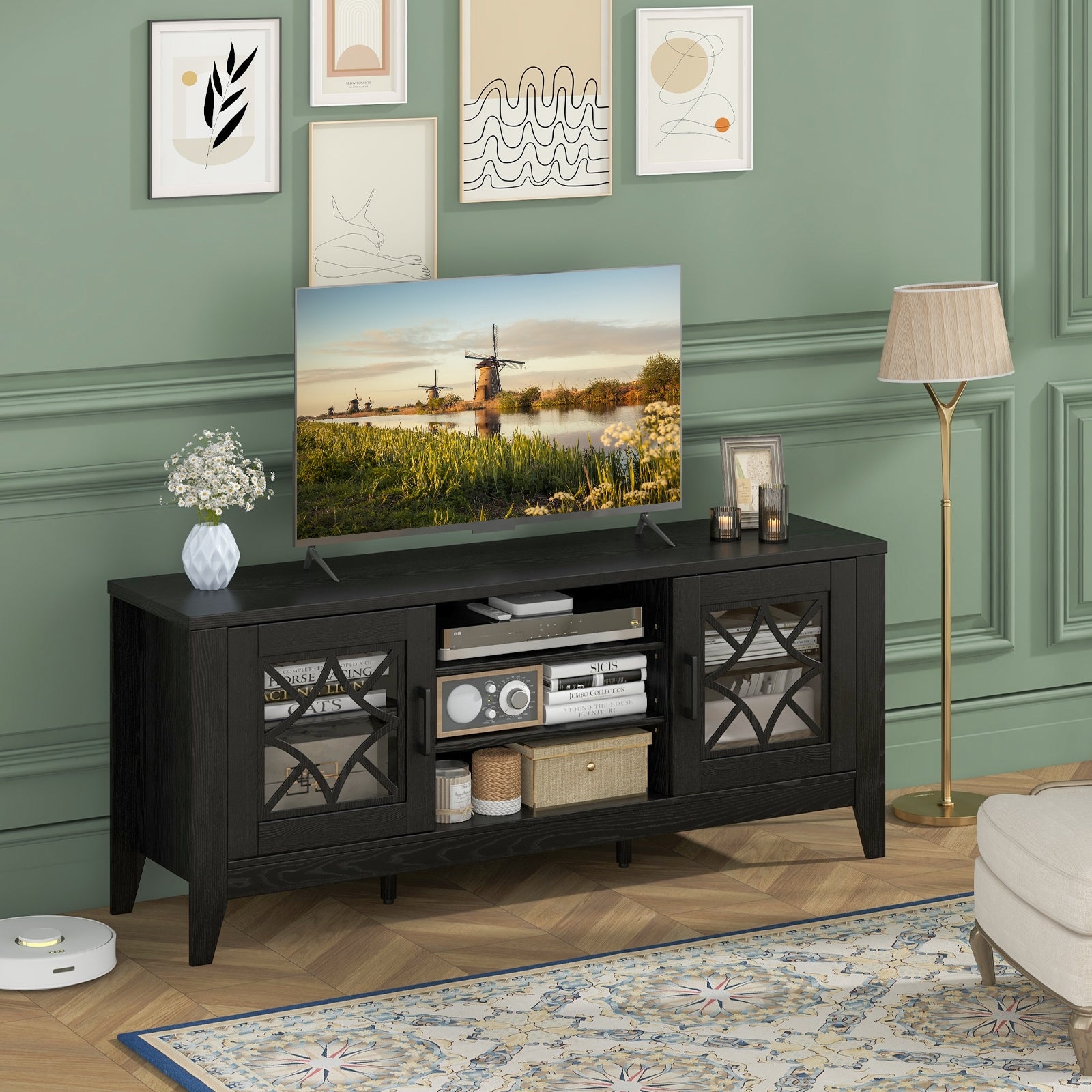 Farmhouse TV Stand for TVs Up to 65 Inches 4 Adjustable Shelves, Black Entertainment Centers & TV Stands   at Gallery Canada