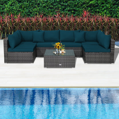 7 Pieces Patio Rattan Furniture Set with Sectional Sofa Cushioned, Green Outdoor Sectionals   at Gallery Canada