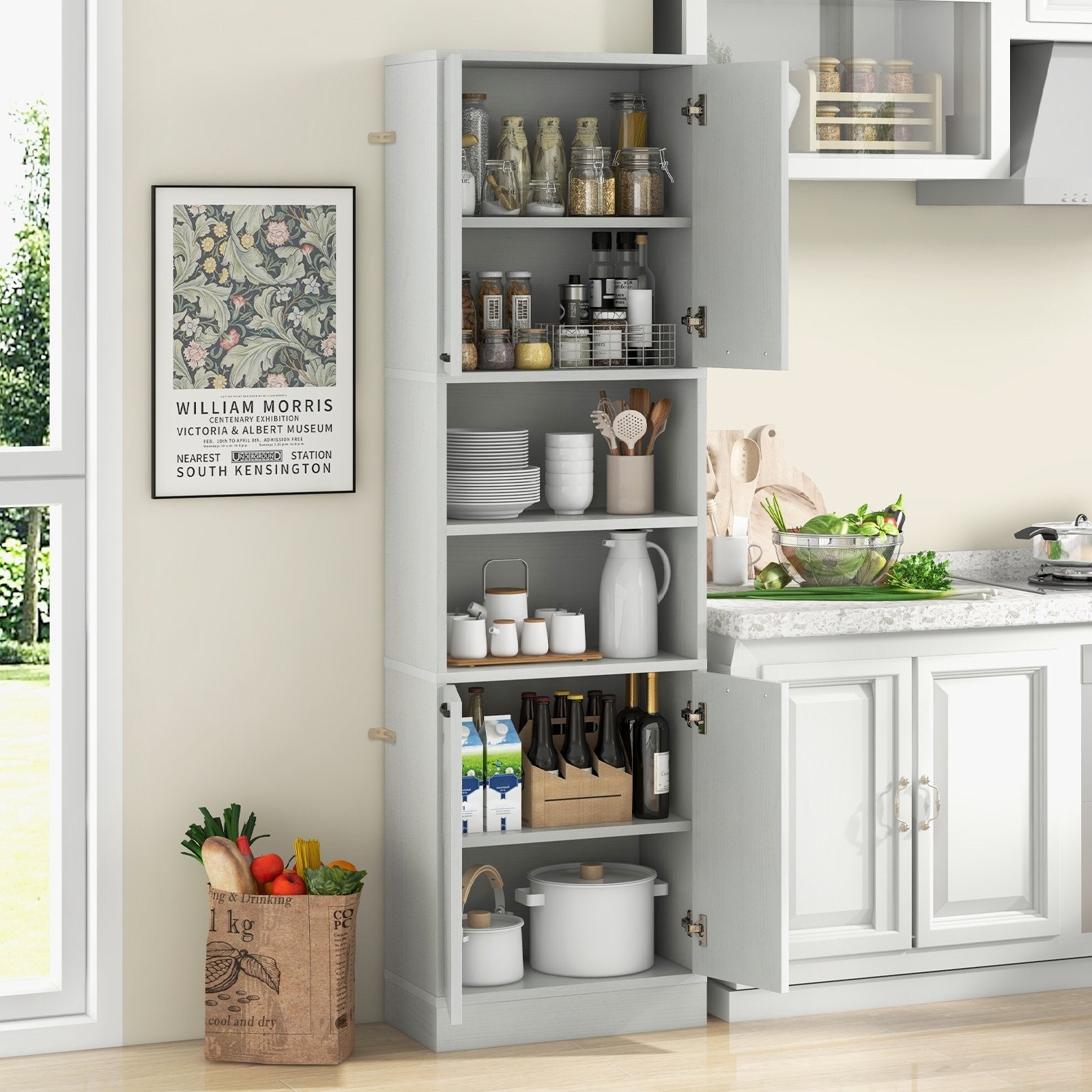 75 Inch Kitchen Pantry Cabinet Tall Cupboard with Doors and Shelves-White Oak, Oak Sideboards Cabinets & Buffets Oak  at Gallery Canada