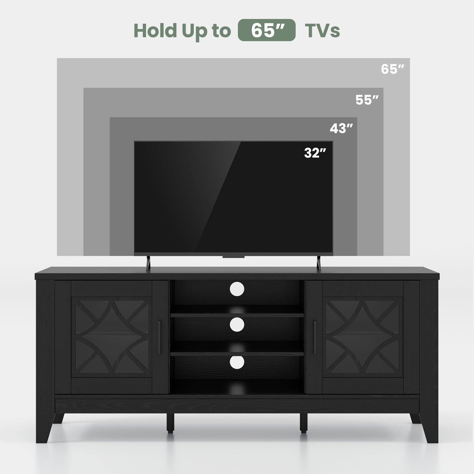 Farmhouse TV Stand for TVs Up to 65 Inches 4 Adjustable Shelves, Black Entertainment Centers & TV Stands   at Gallery Canada