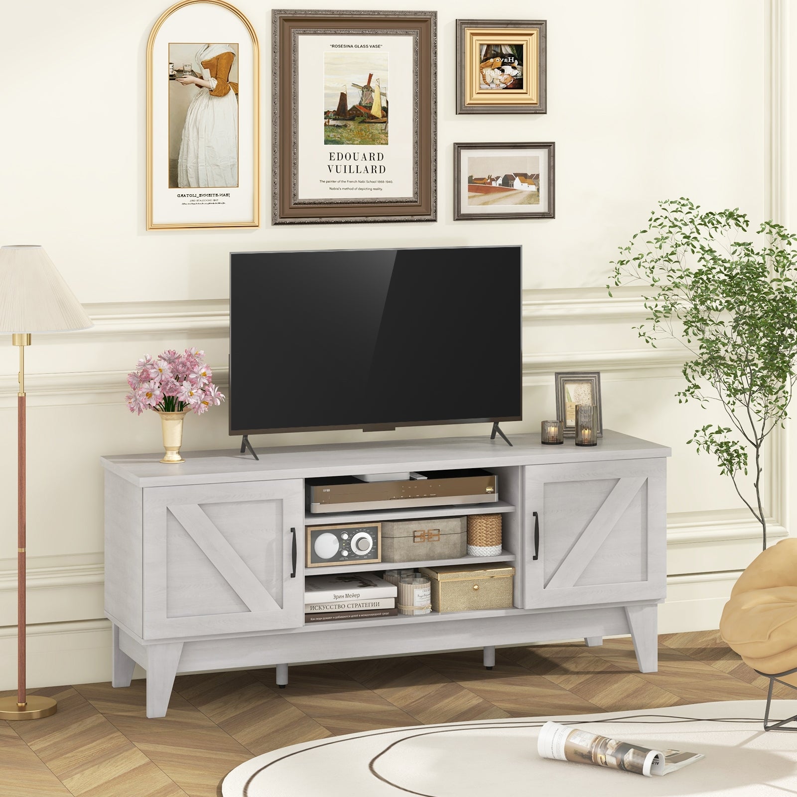 Farmhouse TV Stand for TVs Up to 65 Inches with 2 Barn Door Cabinets, Gray Entertainment Centers & TV Stands   at Gallery Canada