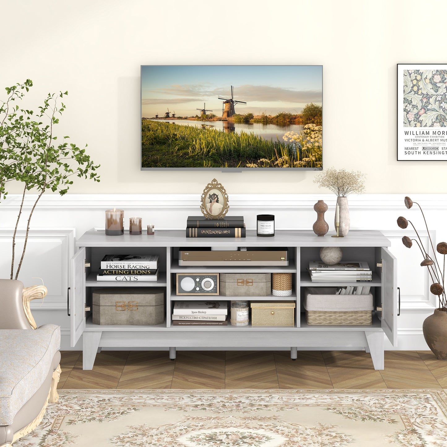 Farmhouse TV Stand for TVs Up to 65 Inches with 2 Barn Door Cabinets, Gray Entertainment Centers & TV Stands   at Gallery Canada