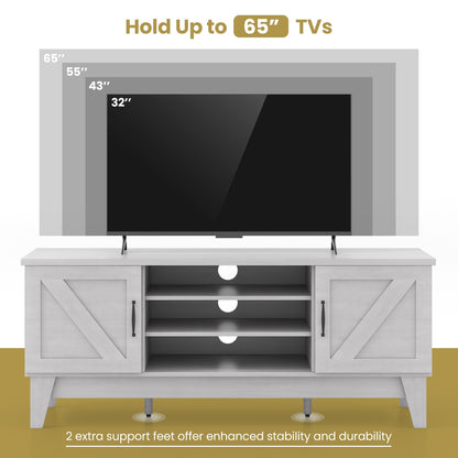 Farmhouse TV Stand for TVs Up to 65 Inches with 2 Barn Door Cabinets, Gray Entertainment Centers & TV Stands   at Gallery Canada