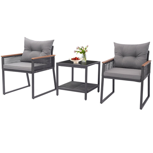 3 Pieces Patio Furniture Set with 2 Tier Coffee Table and Soft Seat Cushions, Gray Patio Conversation Sets Gray  at Gallery Canada