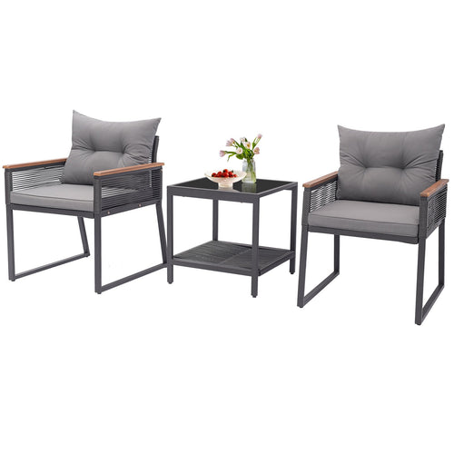 3 Pieces Patio Furniture Set with 2 Tier Coffee Table and Soft Seat Cushions, Gray