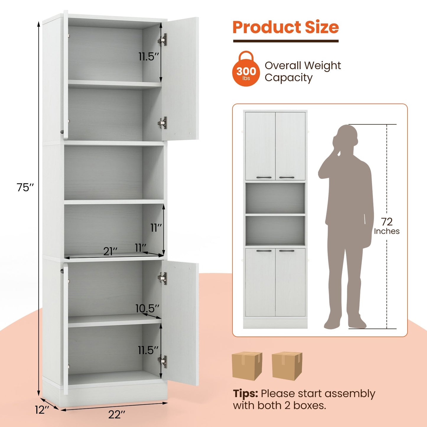 75 Inch Kitchen Pantry Cabinet Tall Cupboard with Doors and Shelves-White Oak, Oak Sideboards Cabinets & Buffets   at Gallery Canada