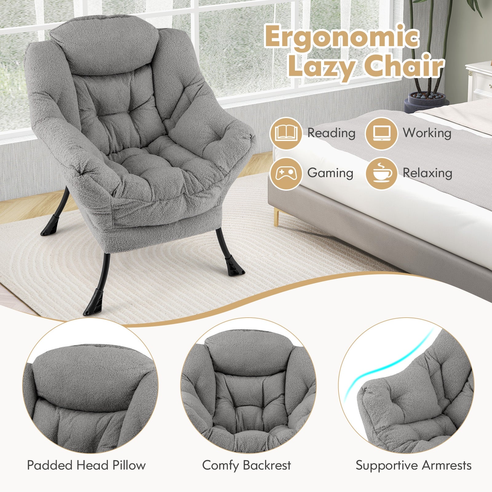 Sherpa Upholstered Accent Chair with Cozy Head Pillow, Gray Accent Chairs   at Gallery Canada