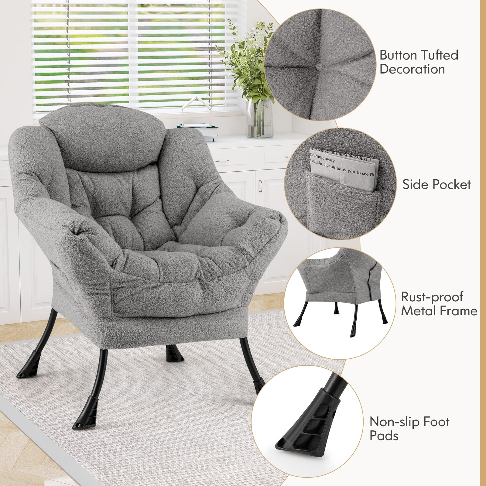 Sherpa Upholstered Accent Chair with Cozy Head Pillow, Gray Accent Chairs   at Gallery Canada