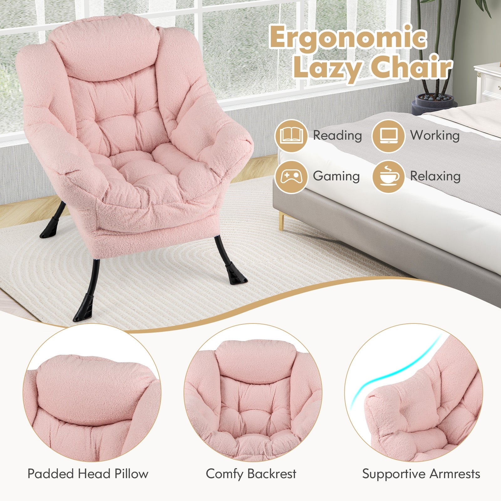 Sherpa Upholstered Accent Chair with Cozy Head Pillow, Pink Accent Chairs   at Gallery Canada