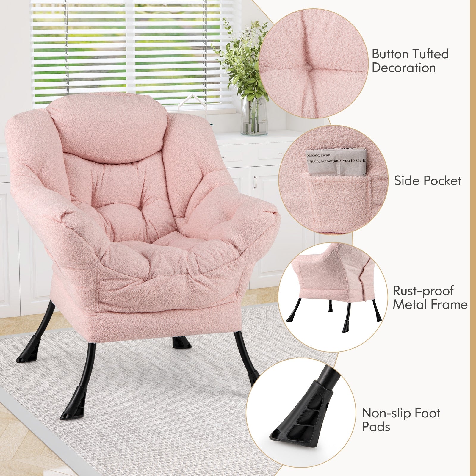 Sherpa Upholstered Accent Chair with Cozy Head Pillow, Pink Accent Chairs   at Gallery Canada