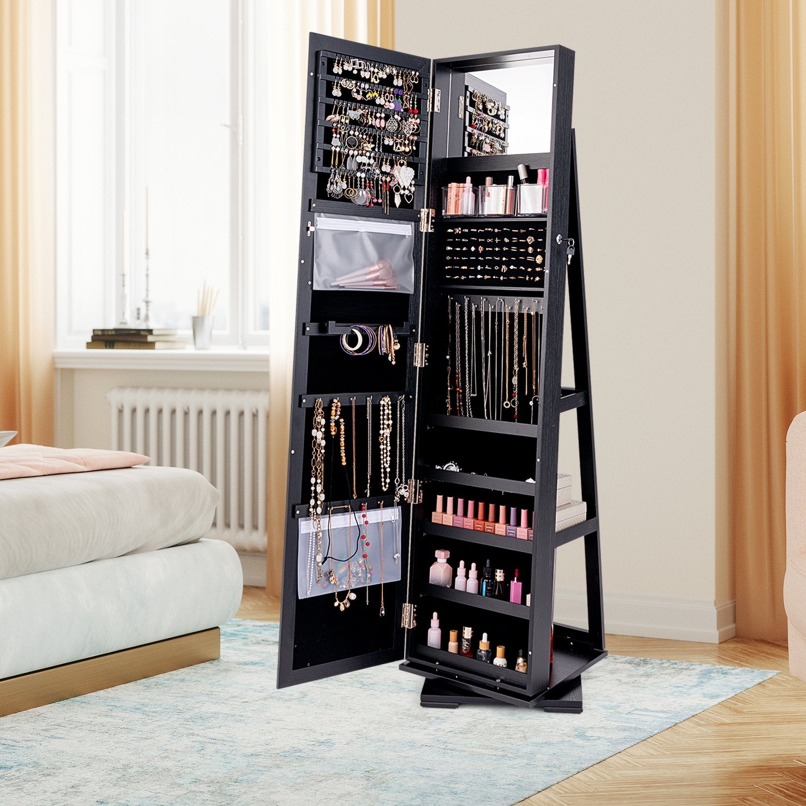 360° Rotatable 2-in-1 Lockable Jewelry Cabinet with Full-Length Mirror, Black Jewelry Armoires   at Gallery Canada