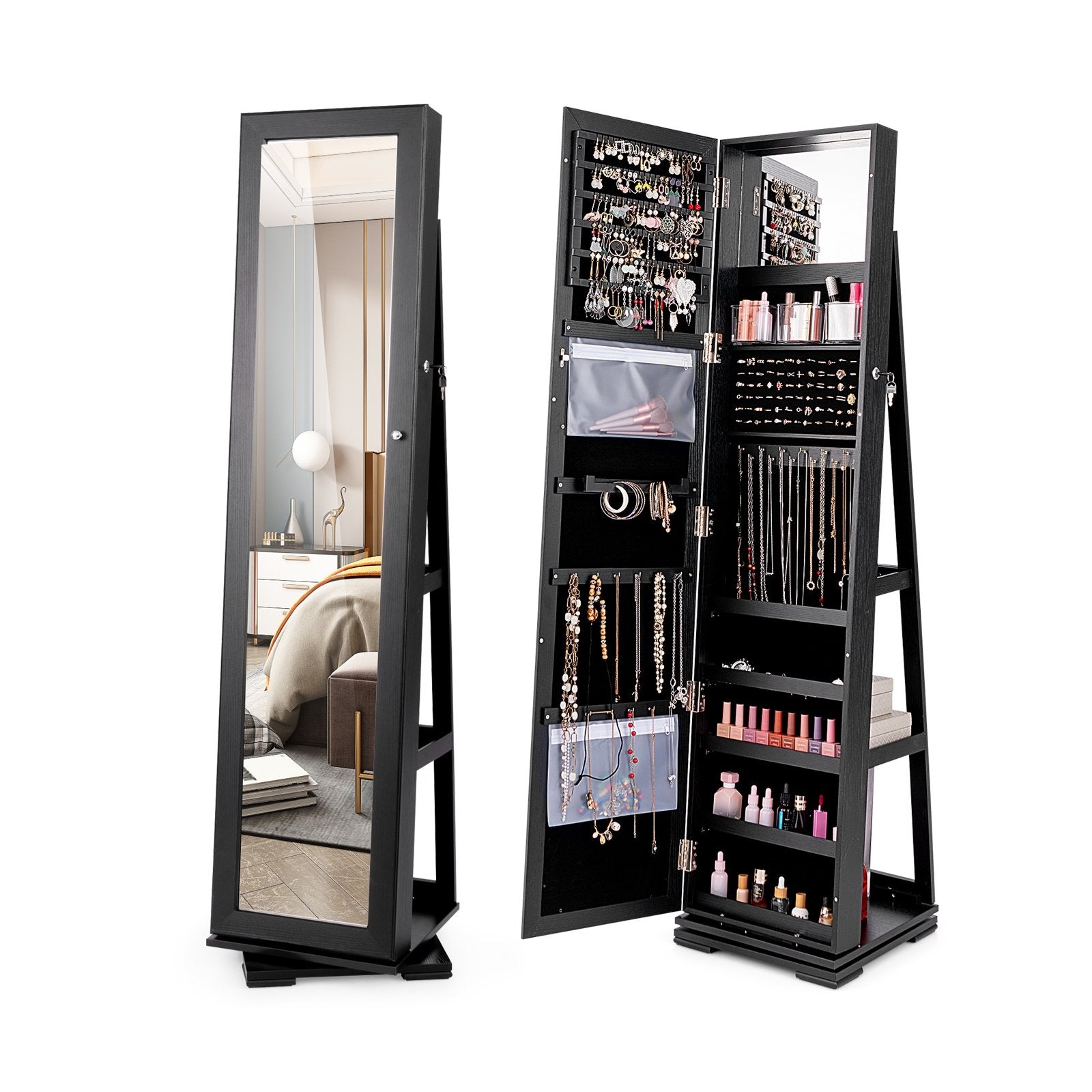 360° Rotatable 2-in-1 Lockable Jewelry Cabinet with Full-Length Mirror, Black Jewelry Armoires   at Gallery Canada