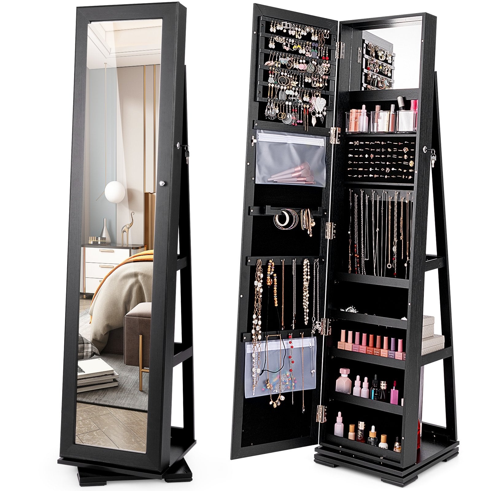 360° Rotatable 2-in-1 Lockable Jewelry Cabinet with Full-Length Mirror, Black Jewelry Armoires   at Gallery Canada