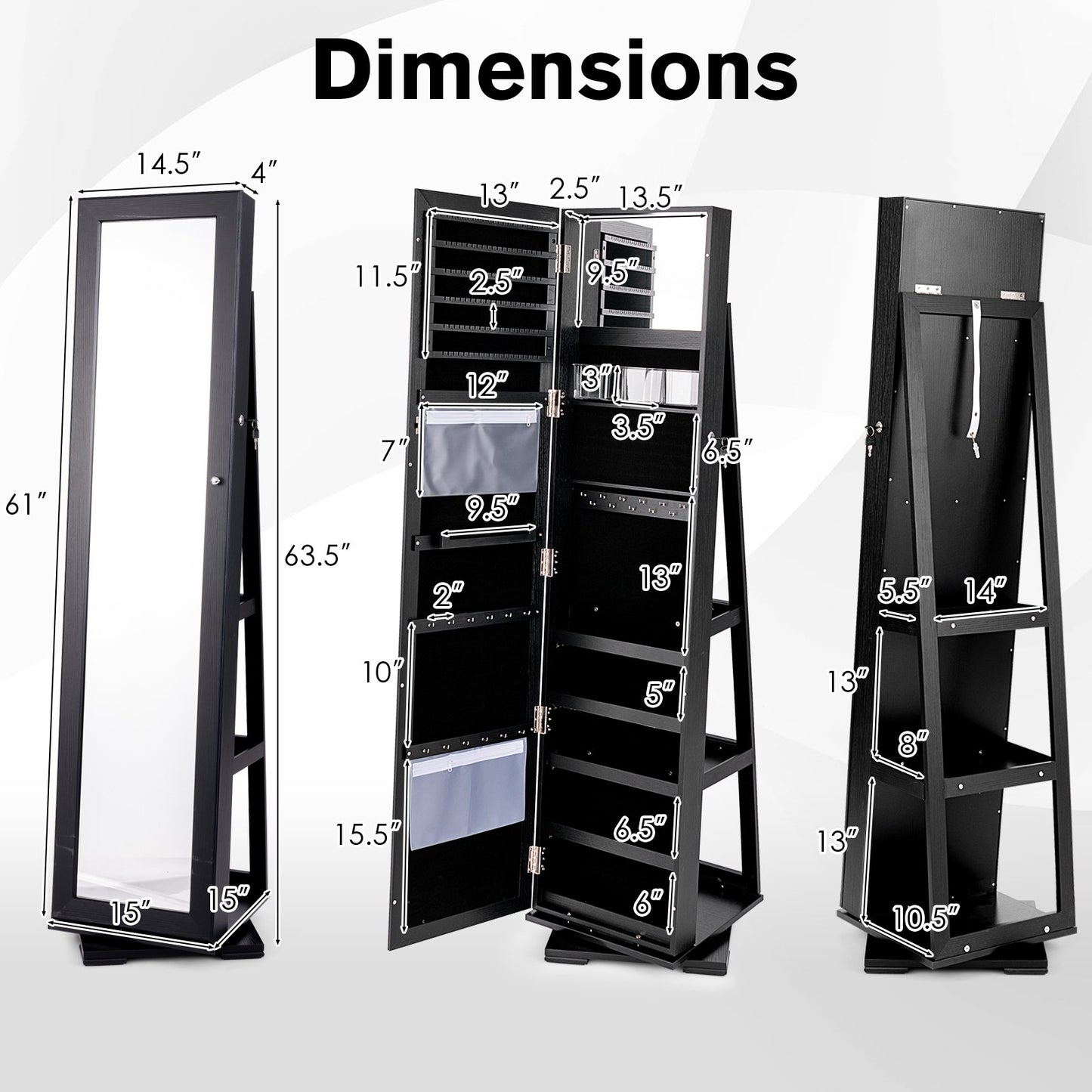 360° Rotatable 2-in-1 Lockable Jewelry Cabinet with Full-Length Mirror, Black Jewelry Armoires   at Gallery Canada