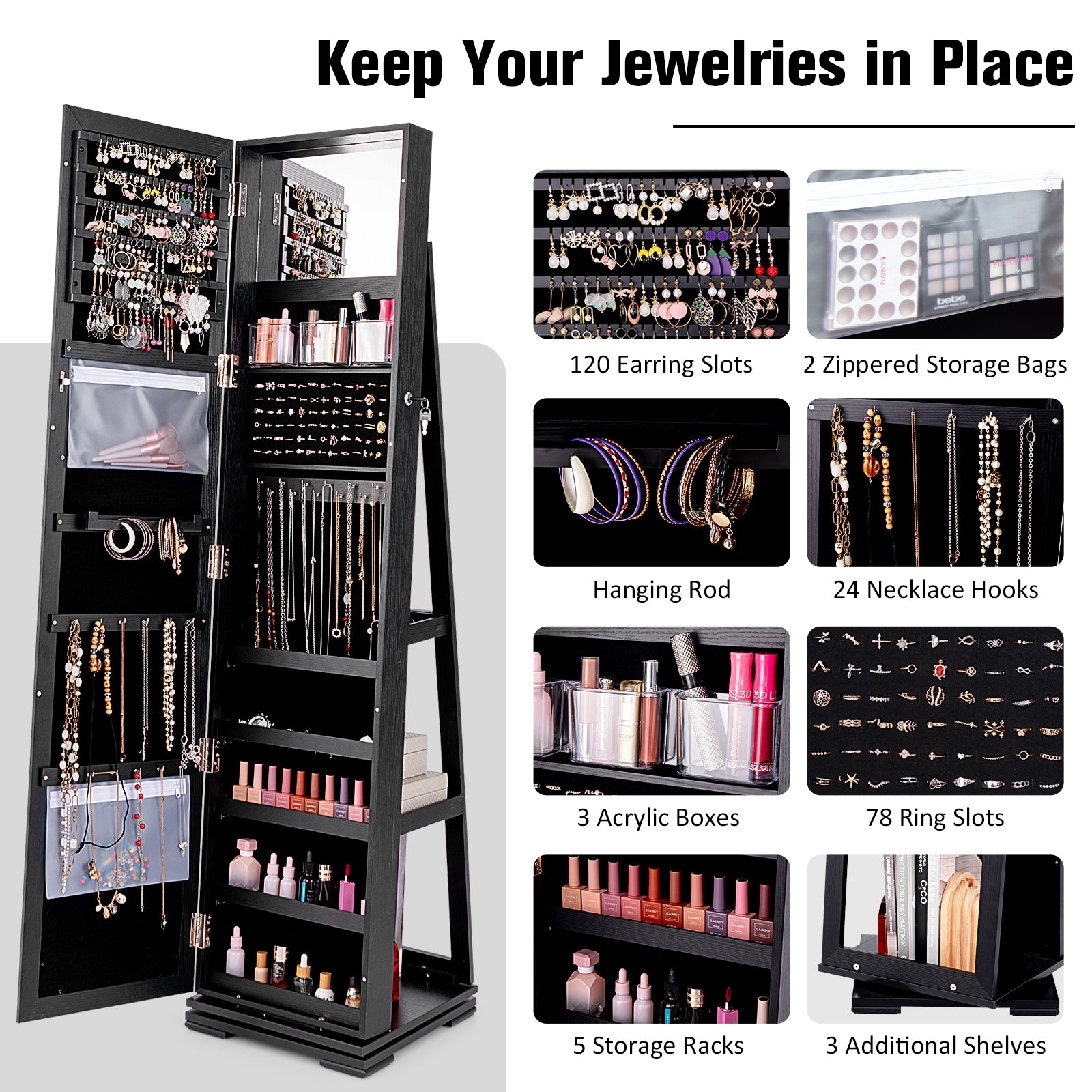 360° Rotatable 2-in-1 Lockable Jewelry Cabinet with Full-Length Mirror, Black Jewelry Armoires   at Gallery Canada