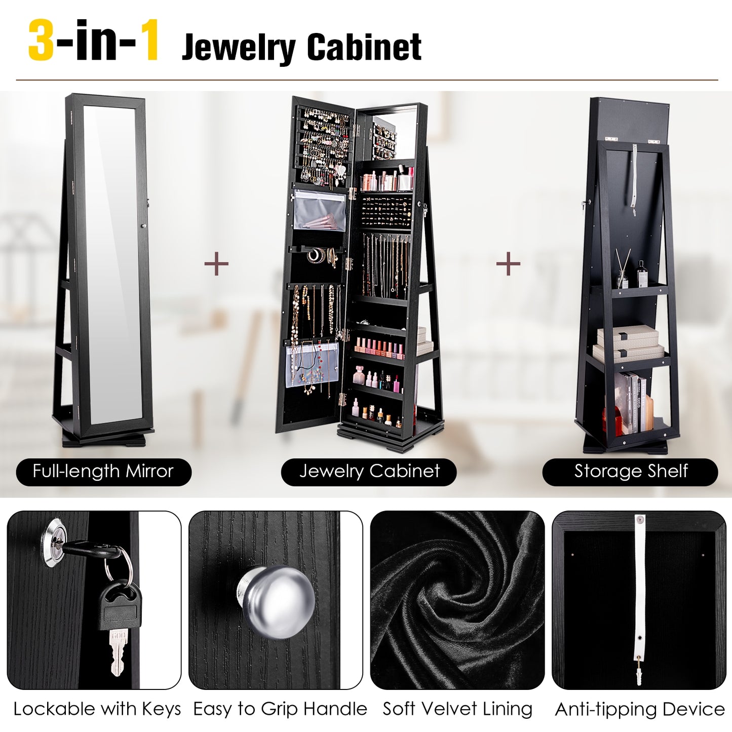 360° Rotatable 2-in-1 Lockable Jewelry Cabinet with Full-Length Mirror, Black Jewelry Armoires   at Gallery Canada