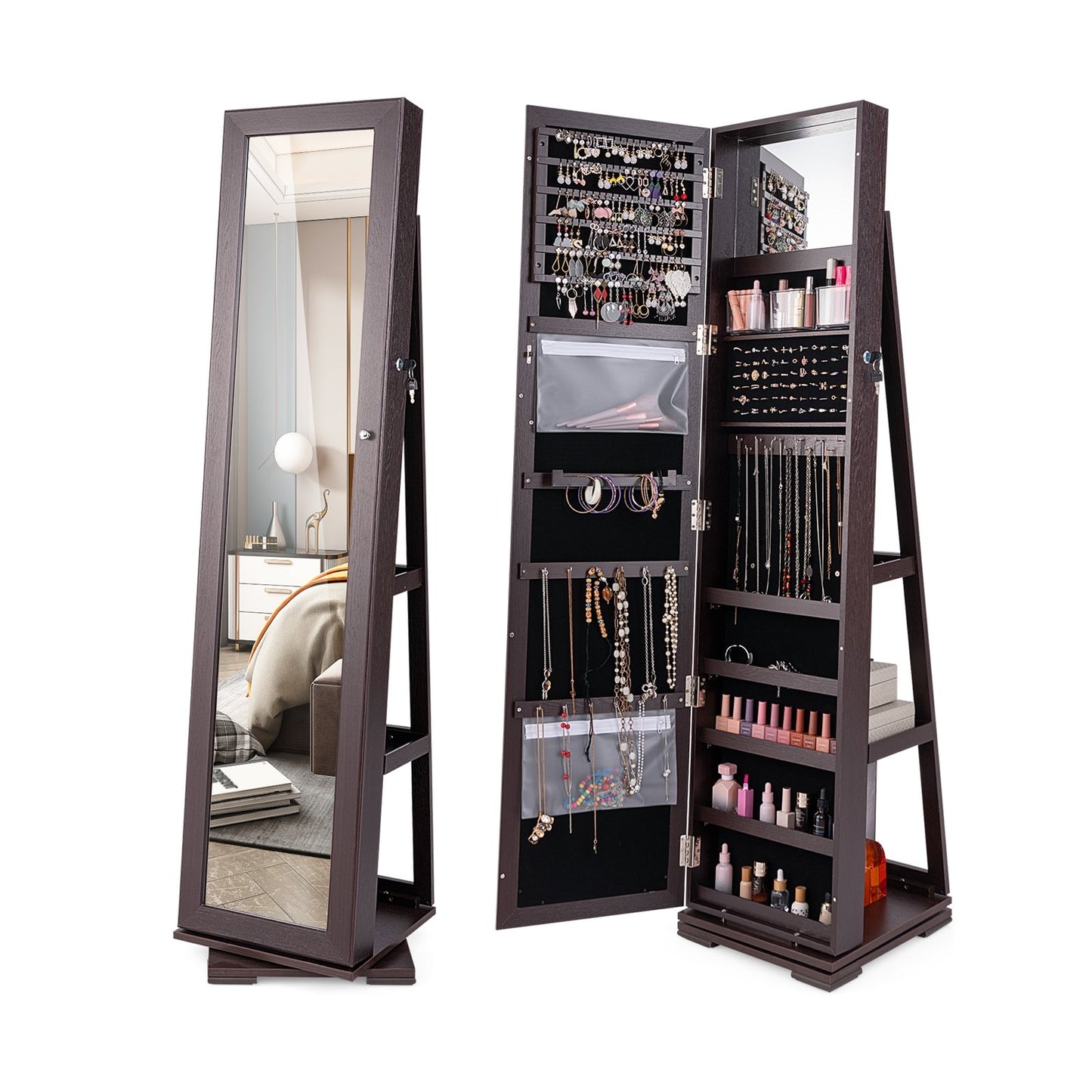 360° Rotatable 2-in-1 Lockable Jewelry Cabinet with Full-Length Mirror, Purple Jewelry Armoires   at Gallery Canada