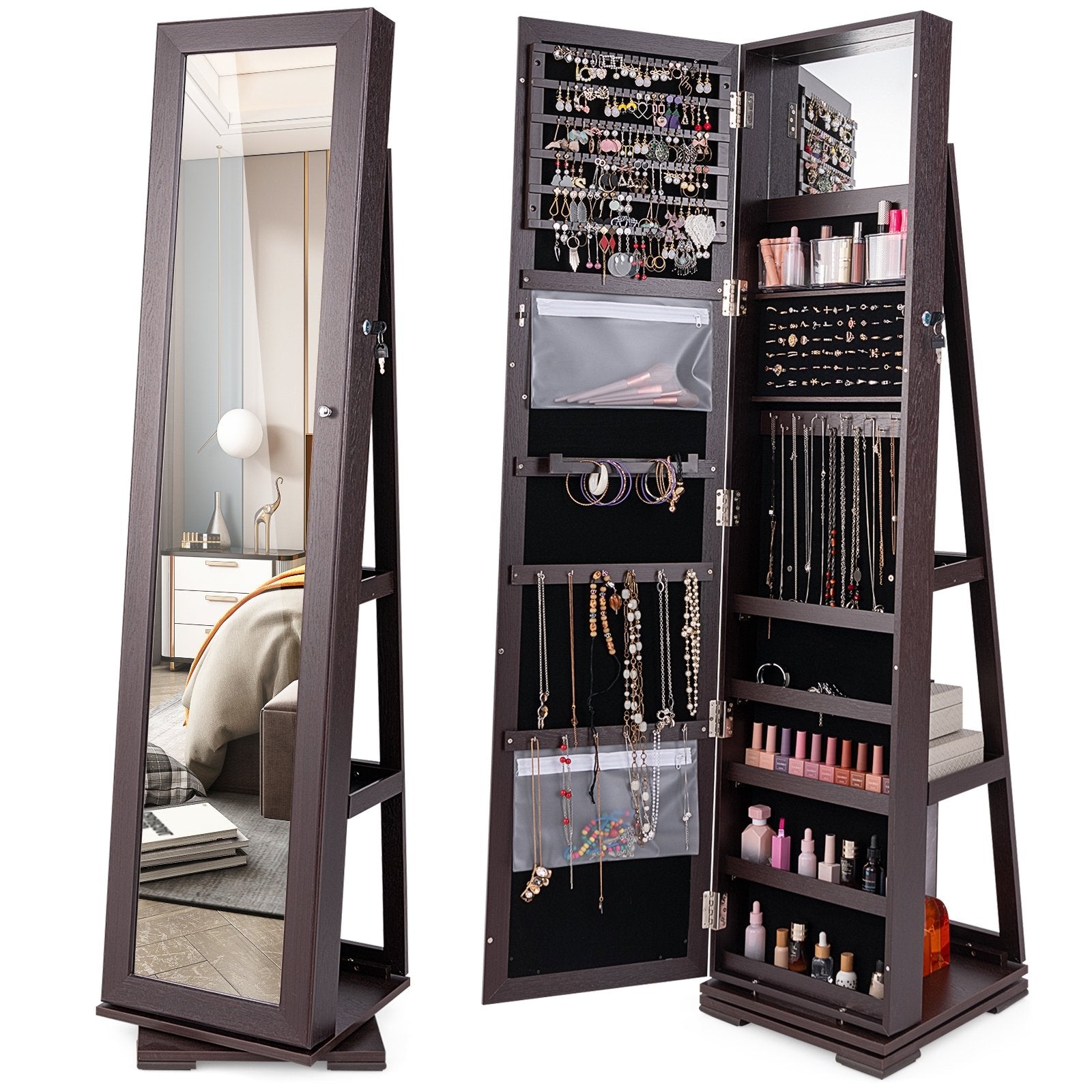 360° Rotatable 2-in-1 Lockable Jewelry Cabinet with Full-Length Mirror, Purple Jewelry Armoires   at Gallery Canada