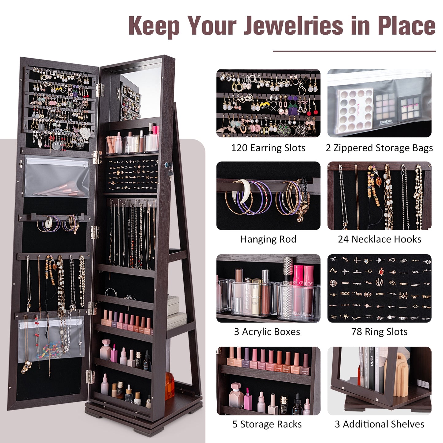 360° Rotatable 2-in-1 Lockable Jewelry Cabinet with Full-Length Mirror, Purple Jewelry Armoires   at Gallery Canada