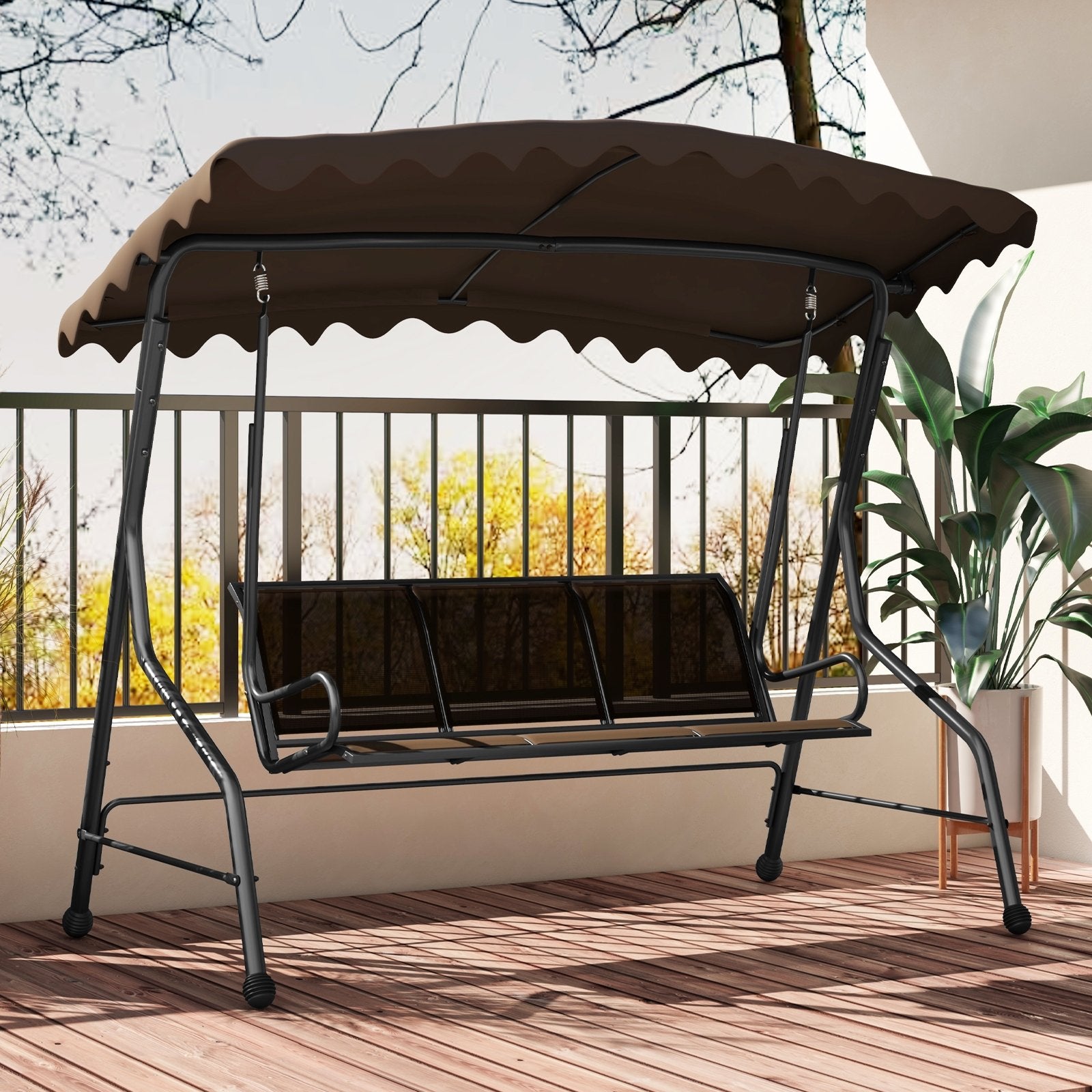 3-Seat Outdoor Porch Canopy Swing with Adjustable Shading, Brown Porch Swings   at Gallery Canada